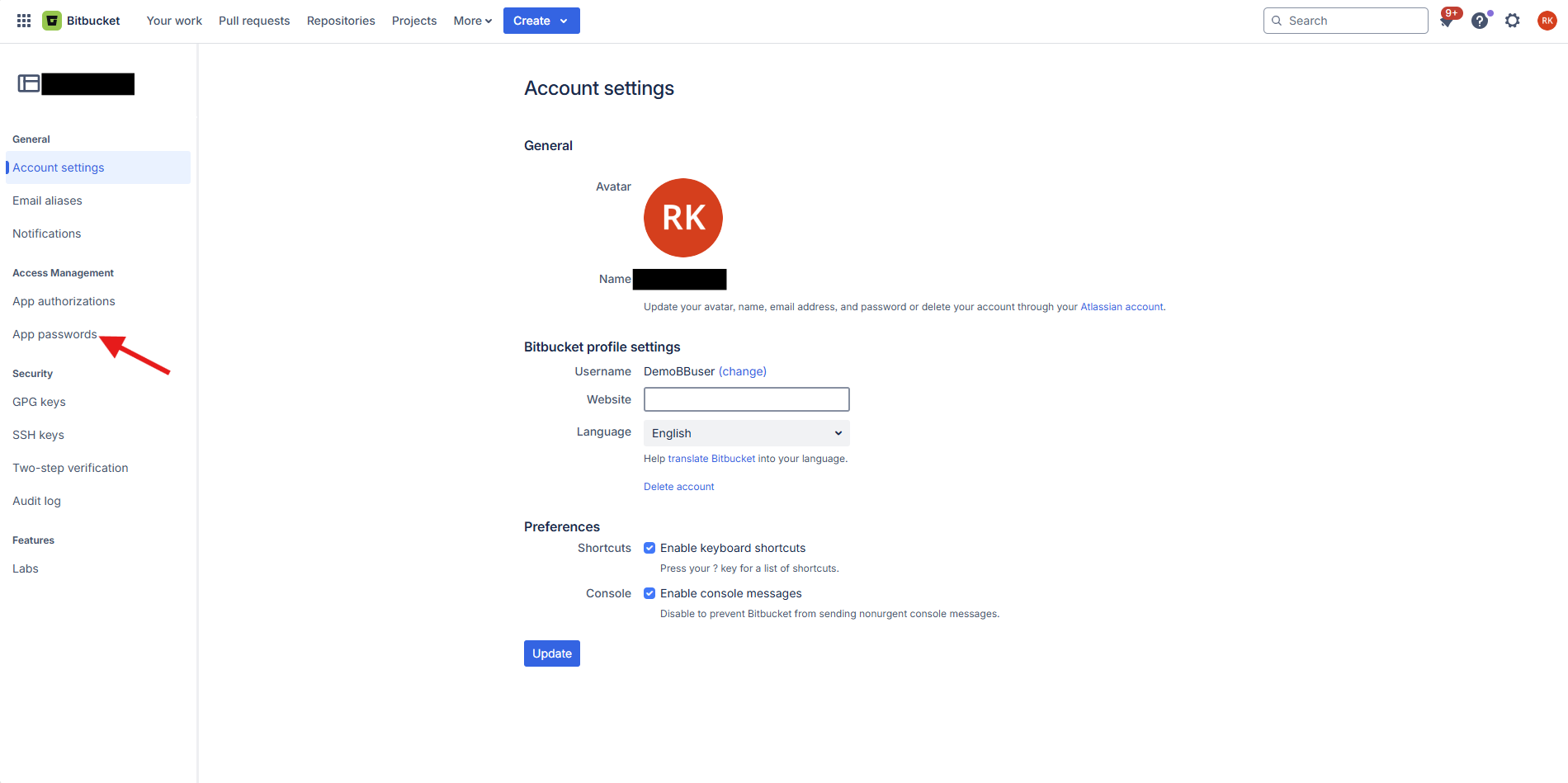 Personal Bitbucket Settings