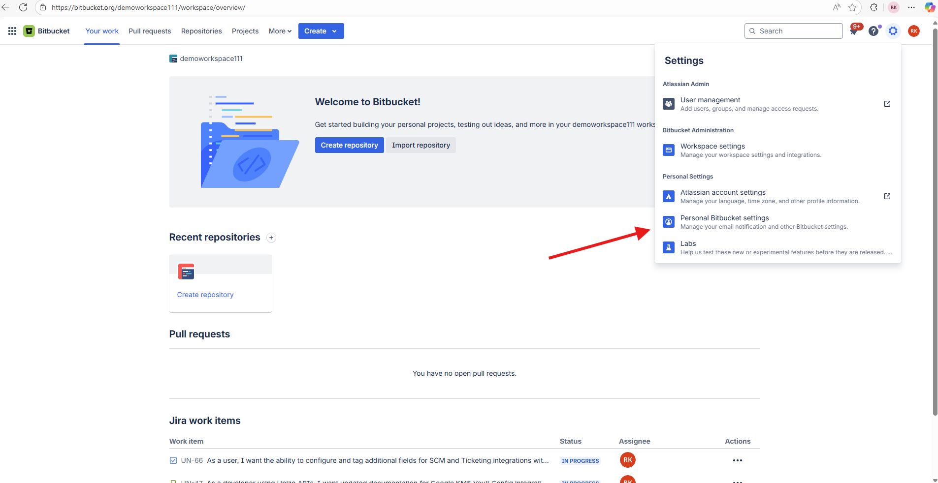 Personal Bitbucket Settings