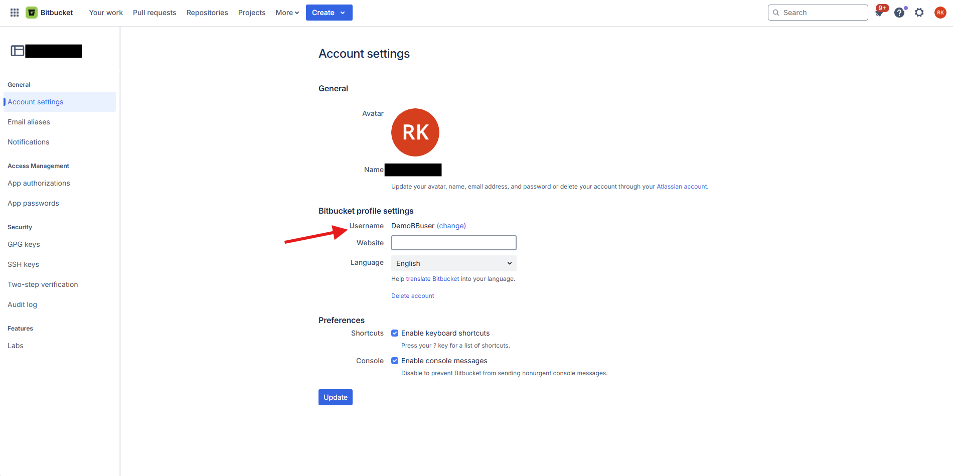 Personal Bitbucket Settings