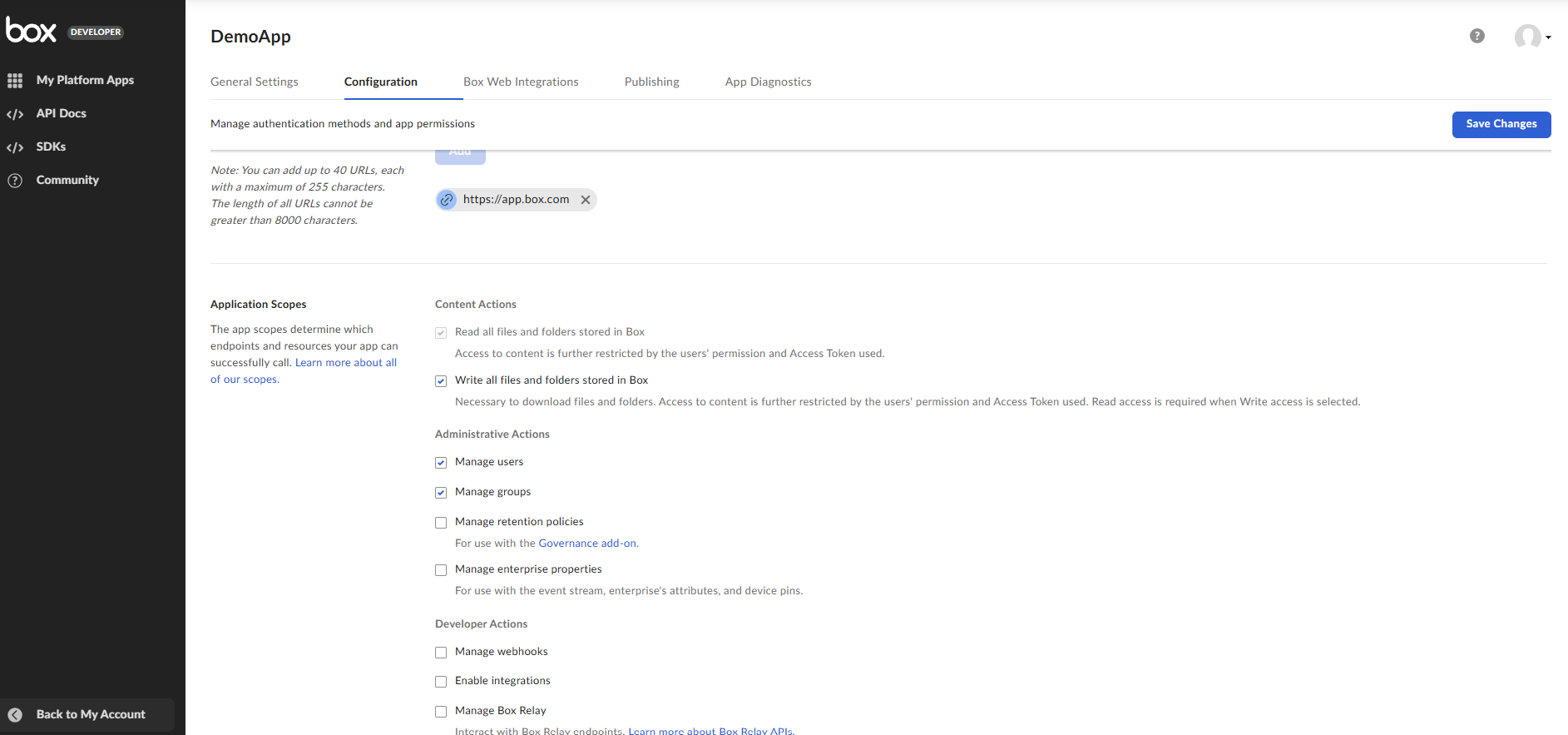 Box App Scopes Configuration