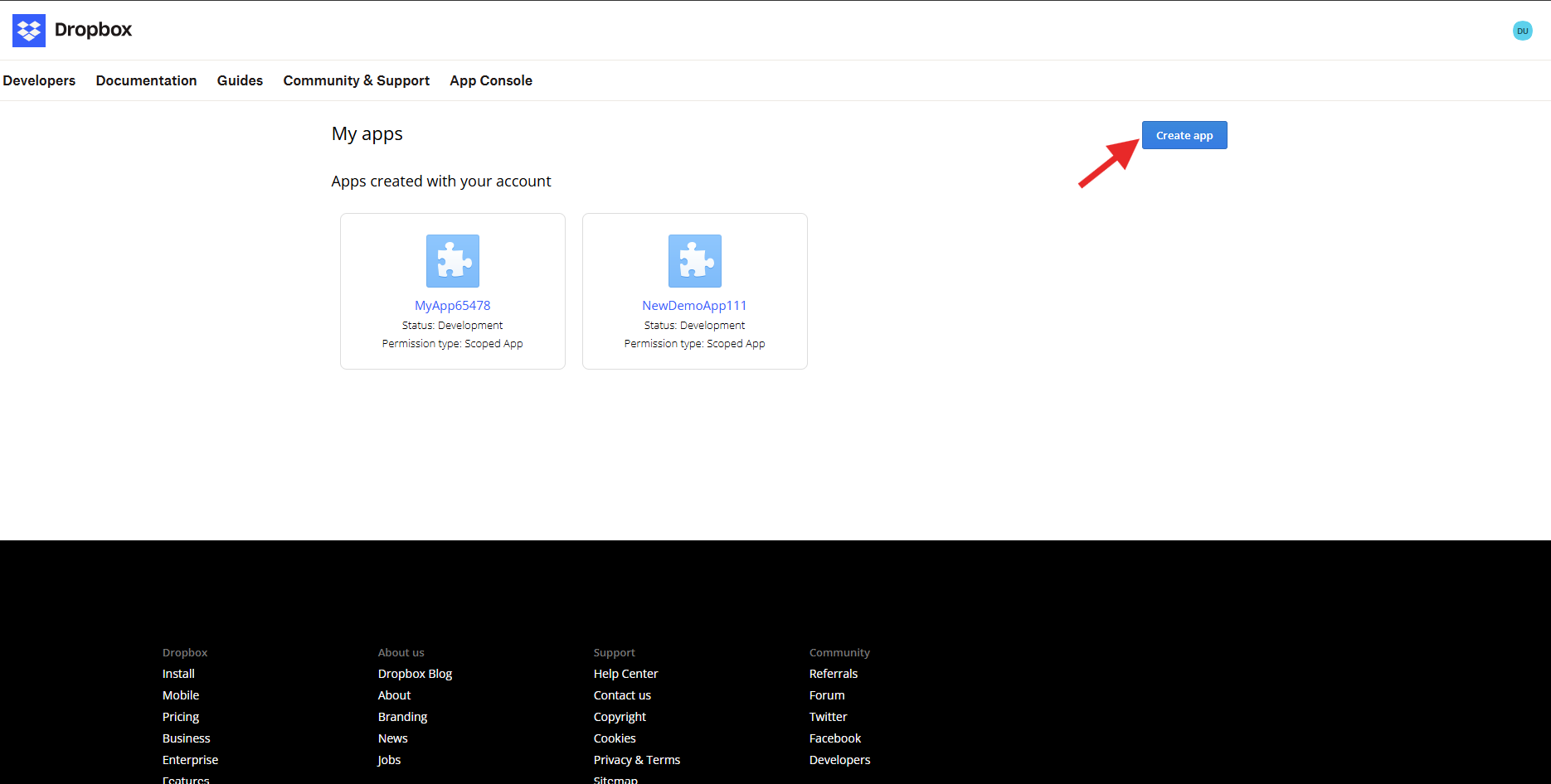 Dropbox App Console OAuth Settings