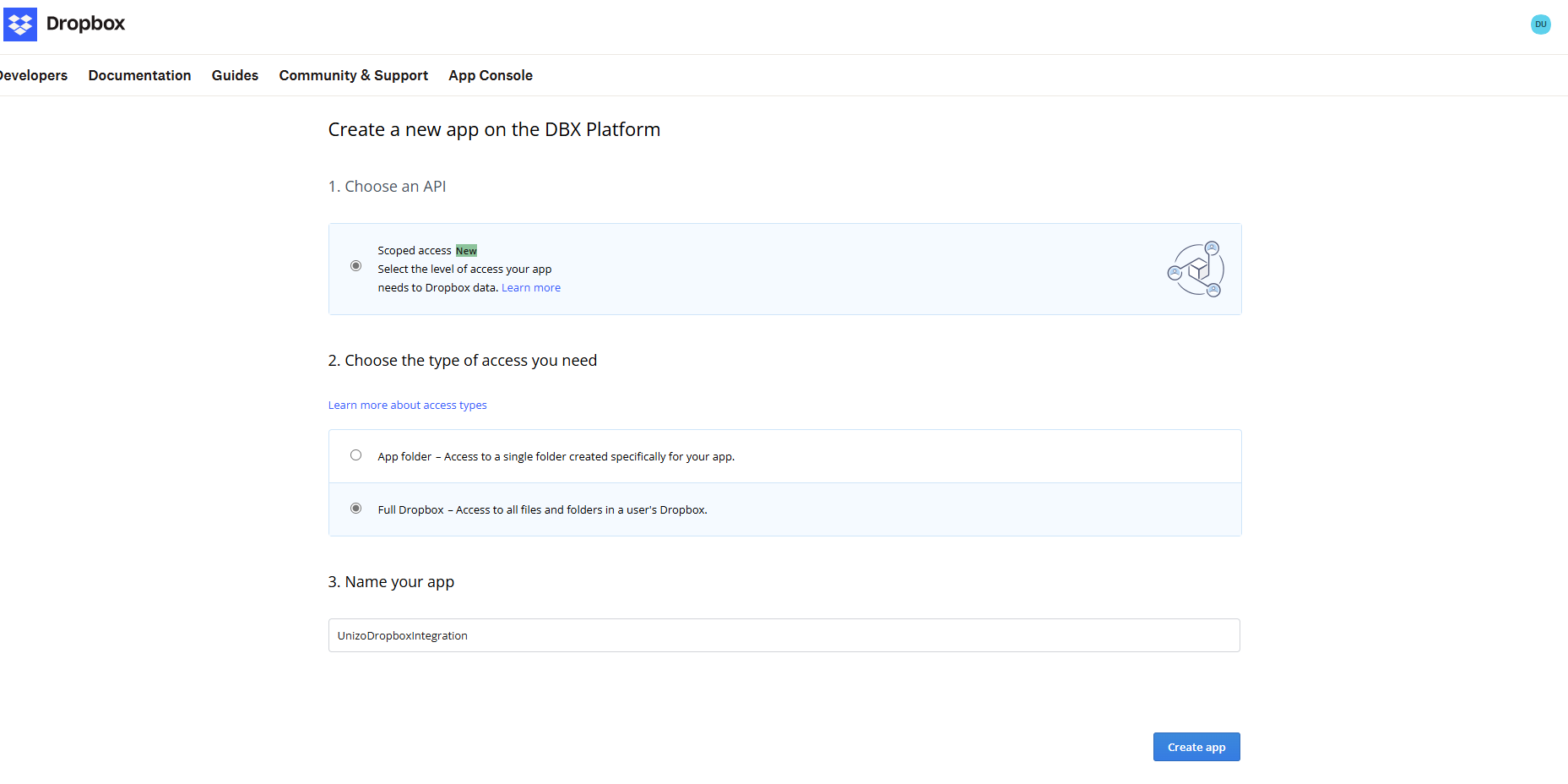 Create Dropbox App on DBX Platform