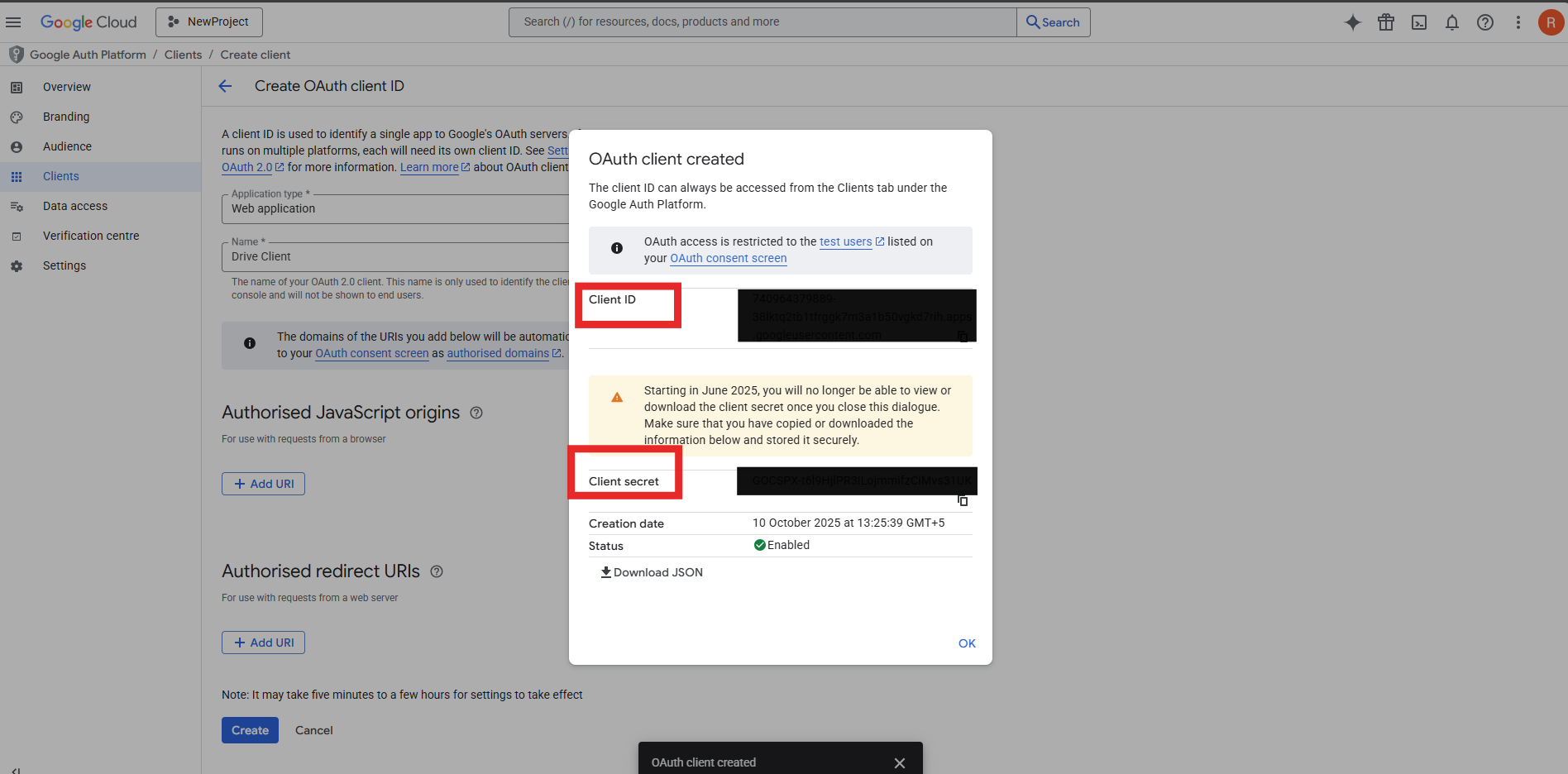 Google Drive API Client Creation