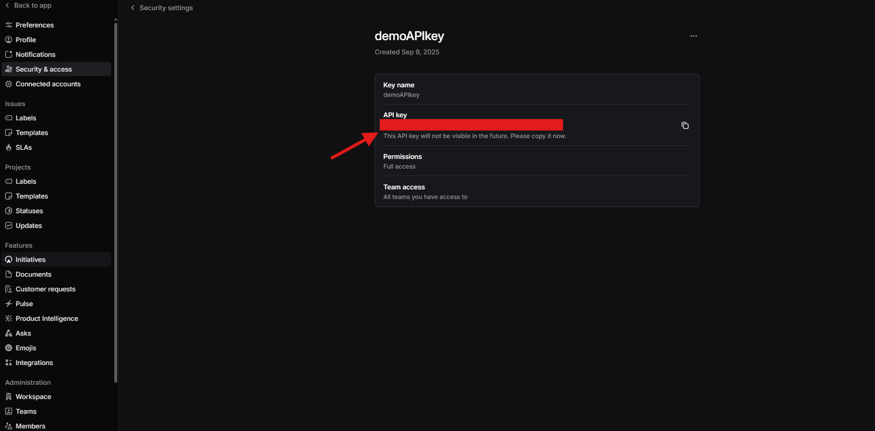 Linear generated personal API key