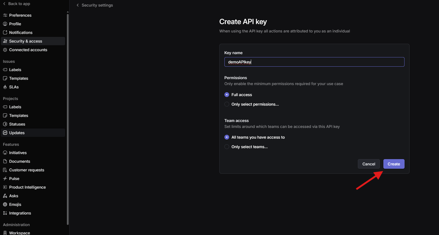 Linear API key creation form