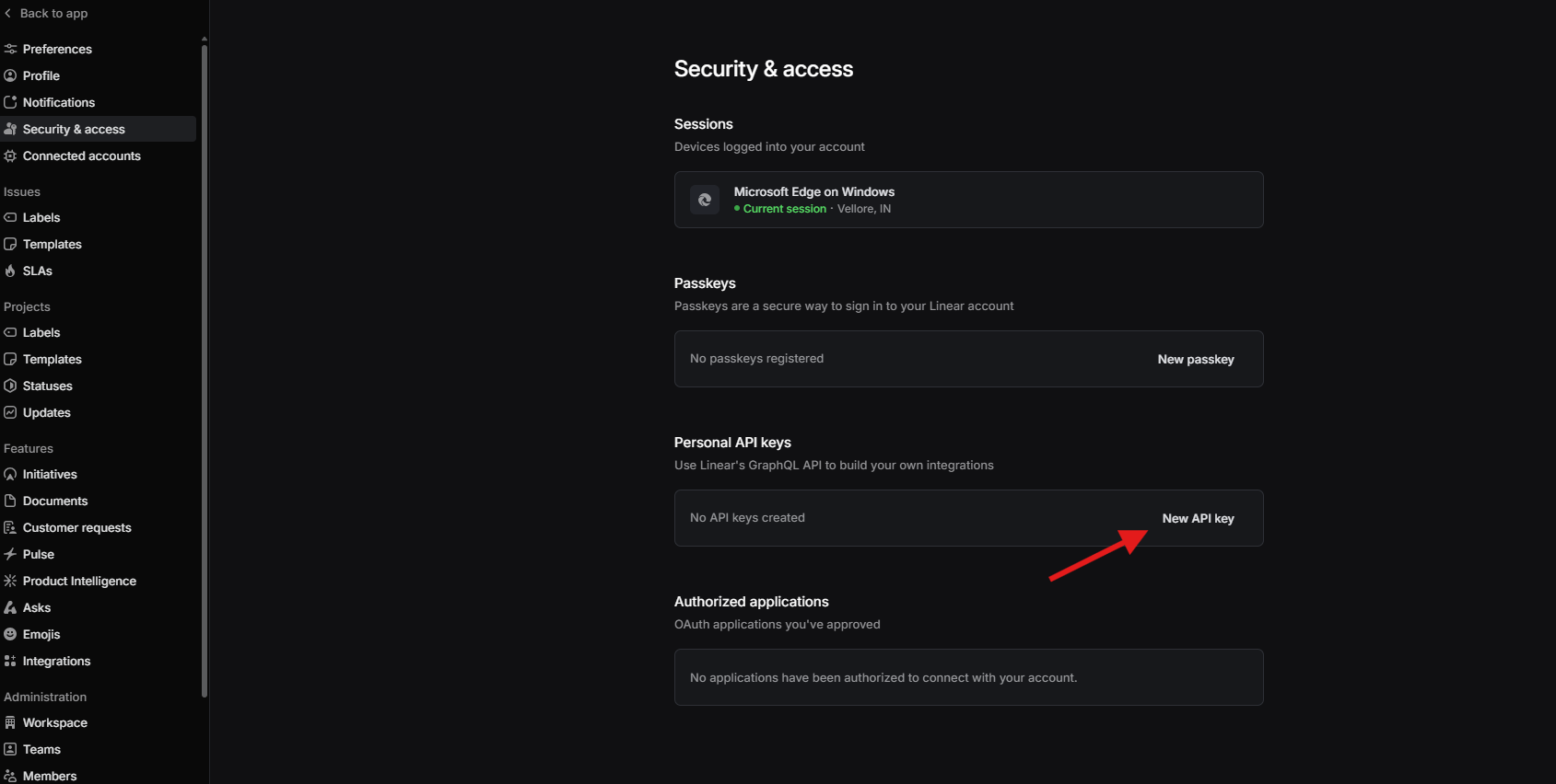 Linear create new API key