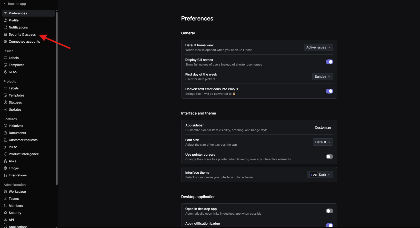 Linear security and access settings