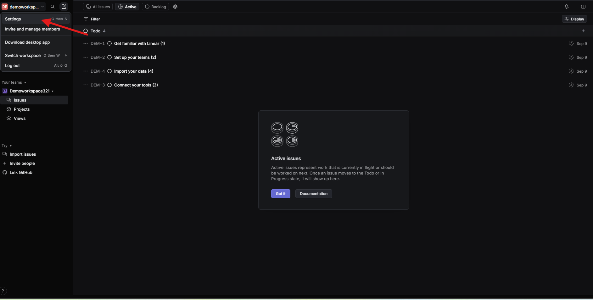 Linear workspace settings menu