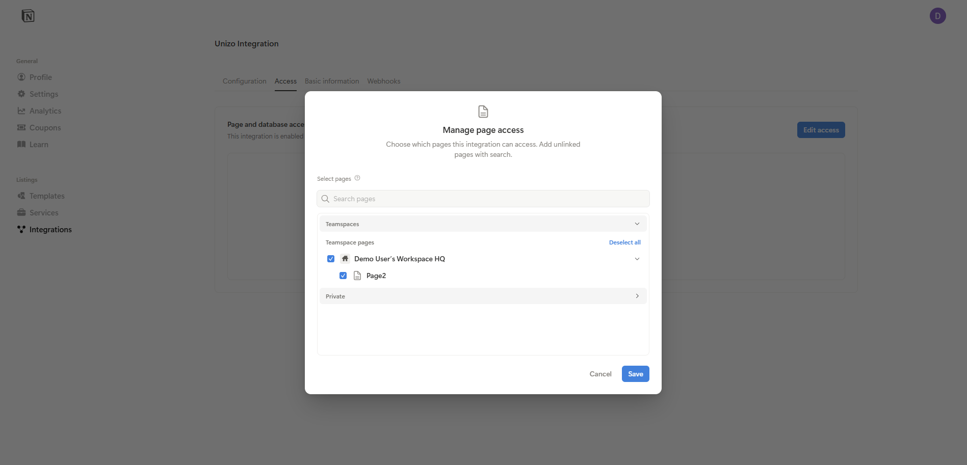 Share Notion Page with Integration