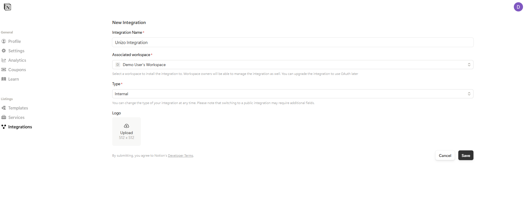 Notion Create New Integration