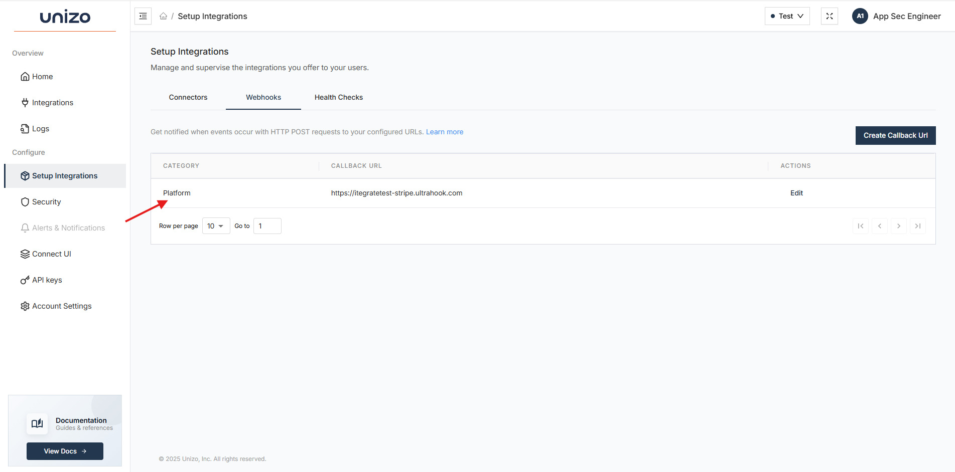 Unizo Setup Integrations page showing webhooks