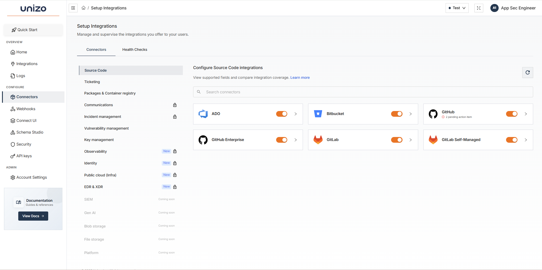 Unizo Setup Integrations page showing connector categories