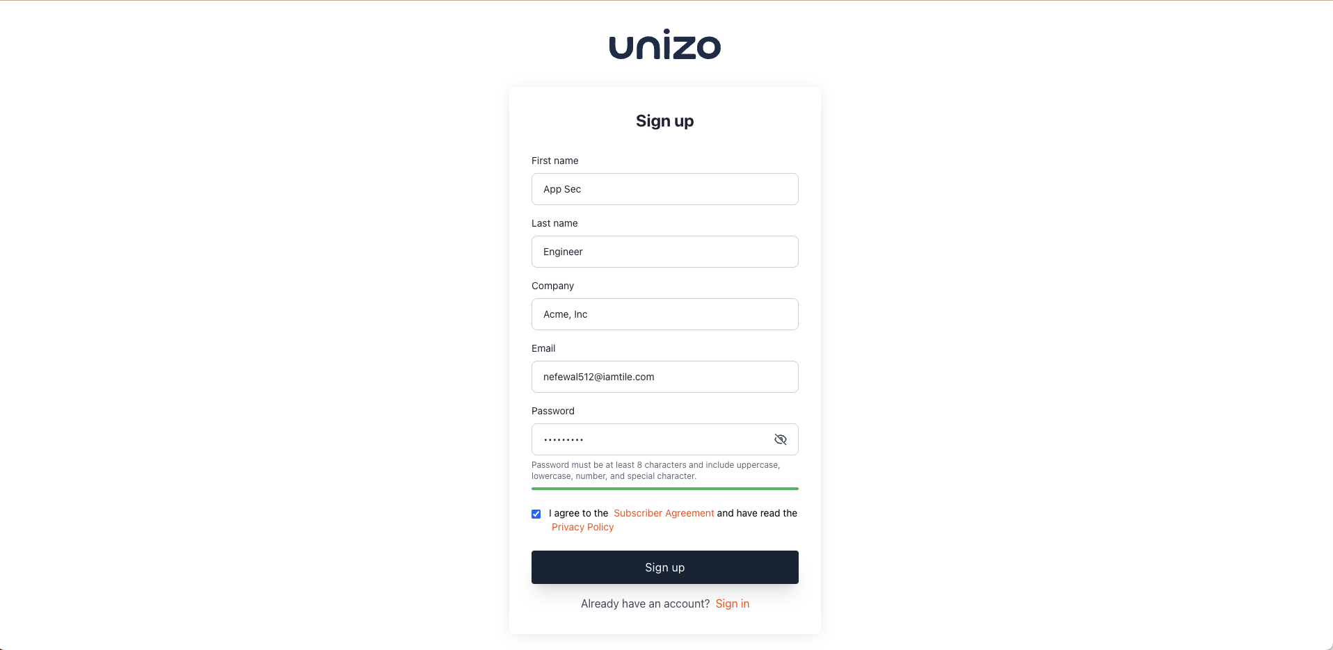 Unizo Sign Up Form